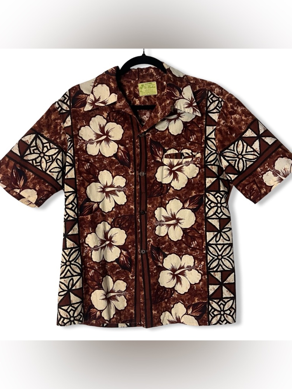 VTG Ui-Maikai Made In Hawaii Hibiscus Tribal Tiki Print Cotton Aloha Shirt Sz. L